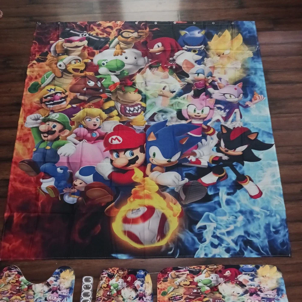 Super Mario Sonic the Hedgehog Bathroom Set Shower Curtain Rugs 4pc Gaming Decor